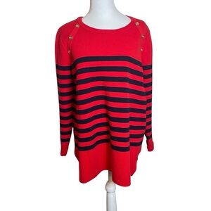 Crown & Ivy Red Navy‎ Stripe Sweater Gold Buttons XL Nautical Coastal Sailor